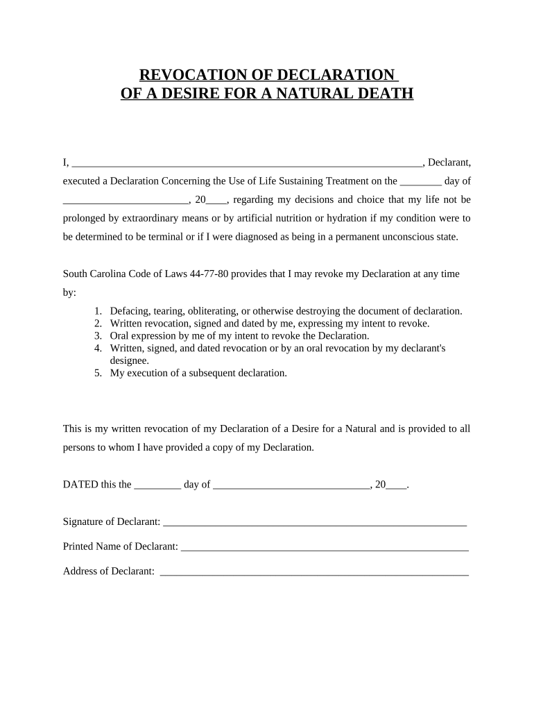 Revocation of Statutory Equivalent of Living Will or Declaration - South Carolina Preview on Page 1