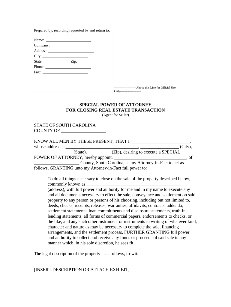 Special or Limited Power of Attorney for Real Estate Sales Transaction By Seller - South Carolina Preview on Page 1.