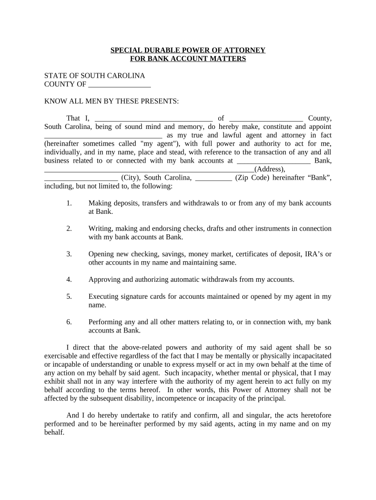 Special Durable Power of Attorney for Bank Account Matters - South Carolina Preview on Page 1