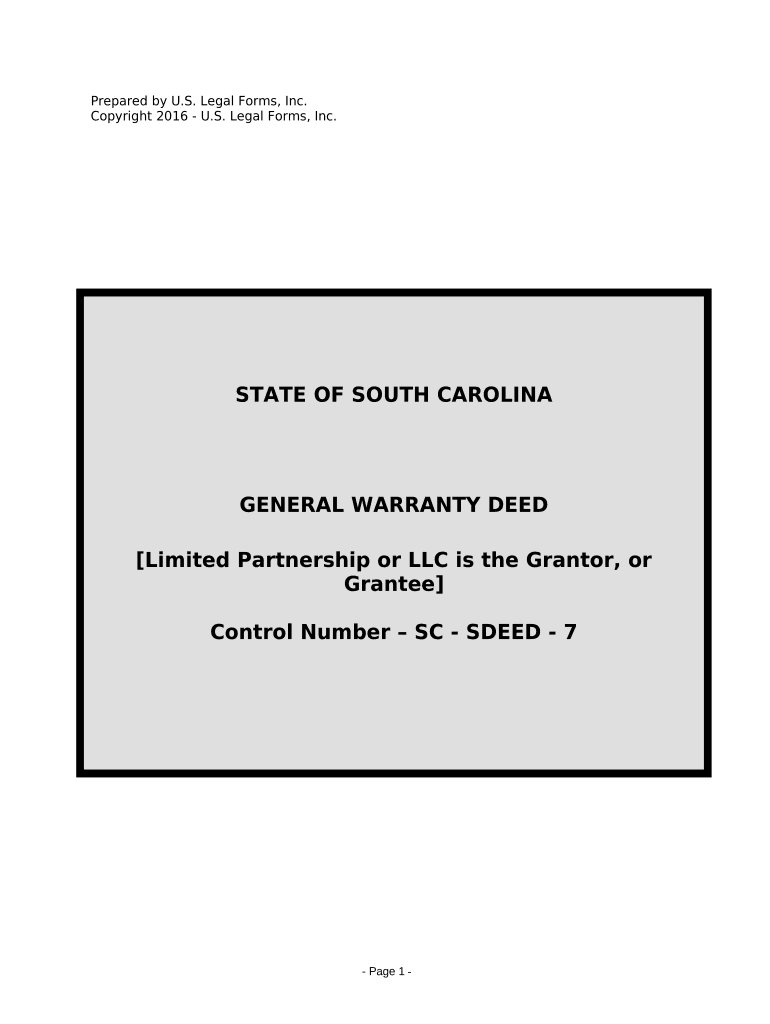 Warranty Deed from Limited Partnership or LLC is the Grantor, or Grantee - South Carolina Preview on Page 1