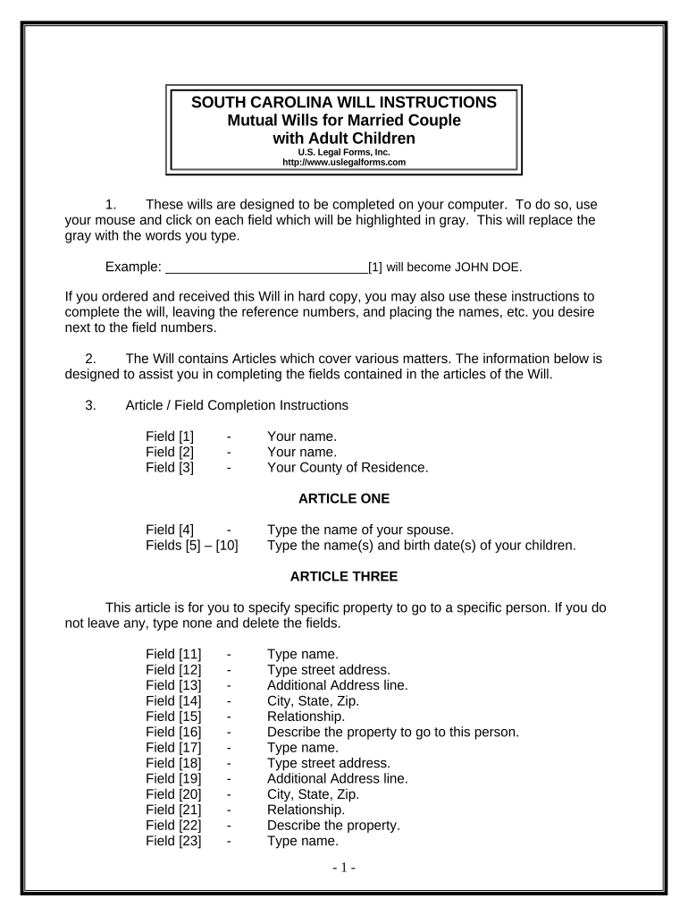 Mutual Wills Package with Last Wills and Testaments for Married Couple with Adult Children - South Carolina Preview on Page 1.