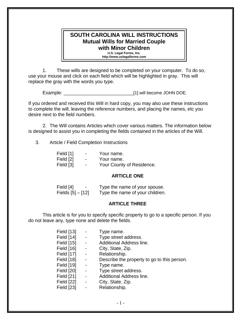 Mutual Wills Package with Last Wills and Testaments for Married Couple with Minor Children - South Carolina Preview on Page 1