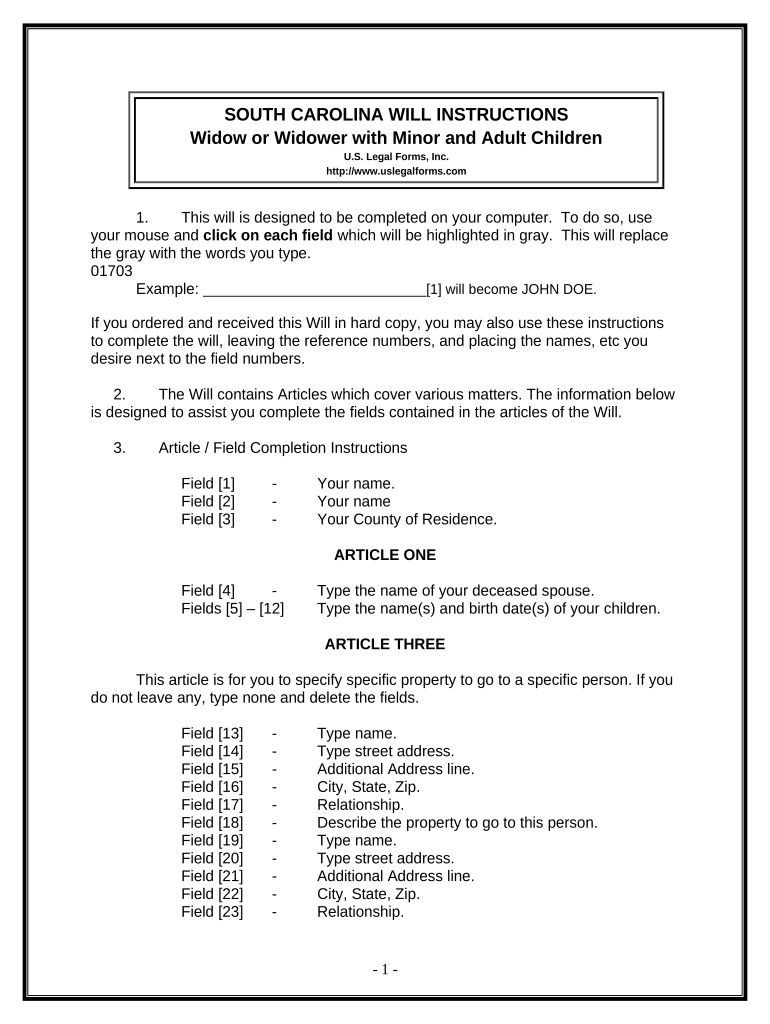 Legal Last Will and Testament Form for a Widow or Widower with Adult and Minor Children - South Carolina Preview on Page 1.