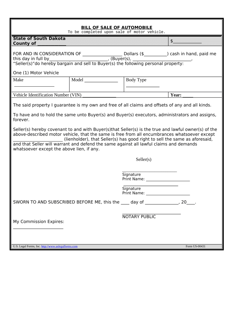 Bill of Sale of Automobile and Odometer Statement - South Dakota Preview on Page 1