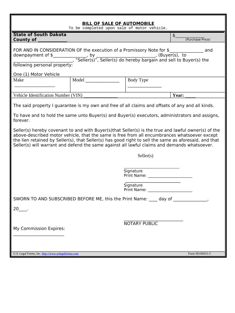 Bill of Sale for Automobile or Vehicle including Odometer Statement and Promissory Note - South Dakota Preview on Page 1