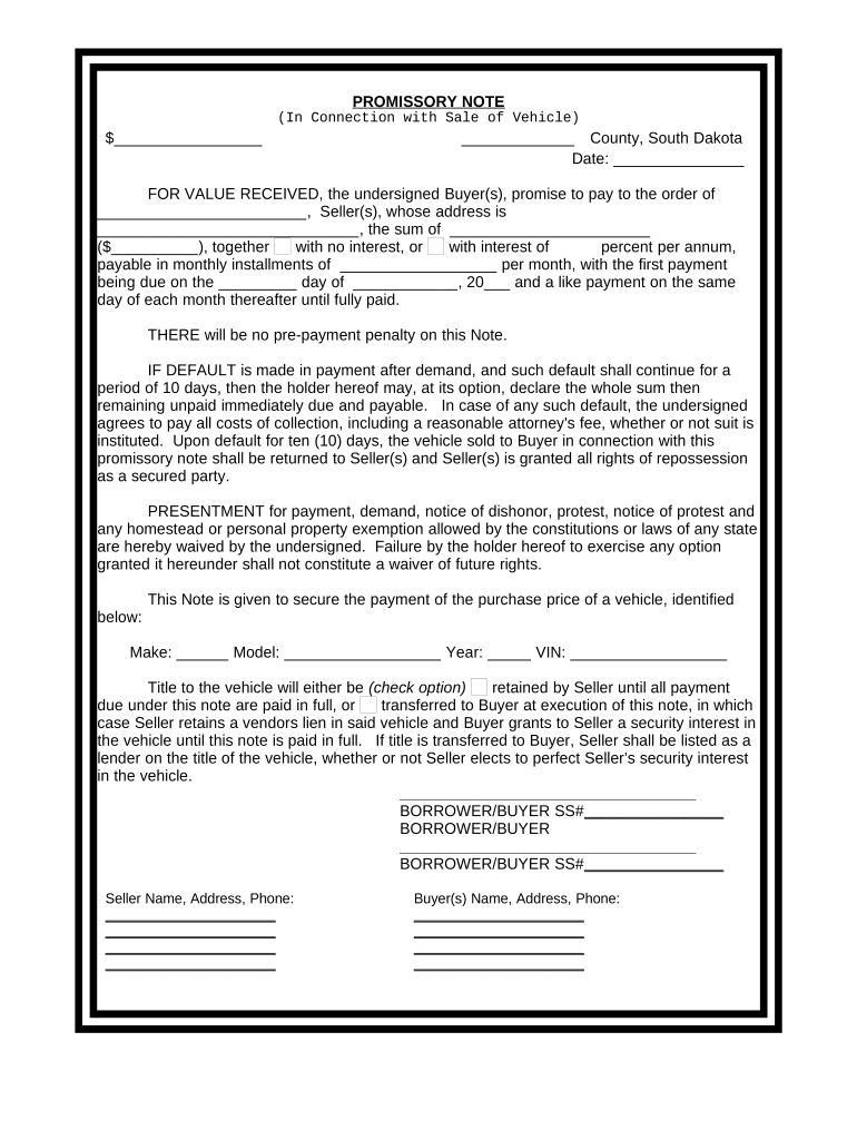 Promissory Note in Connection with Sale of Vehicle or Automobile - South Dakota Preview on Page 1