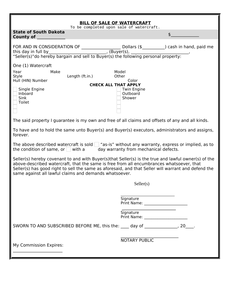 Bill of Sale for WaterCraft or Boat - South Dakota Preview on Page 1