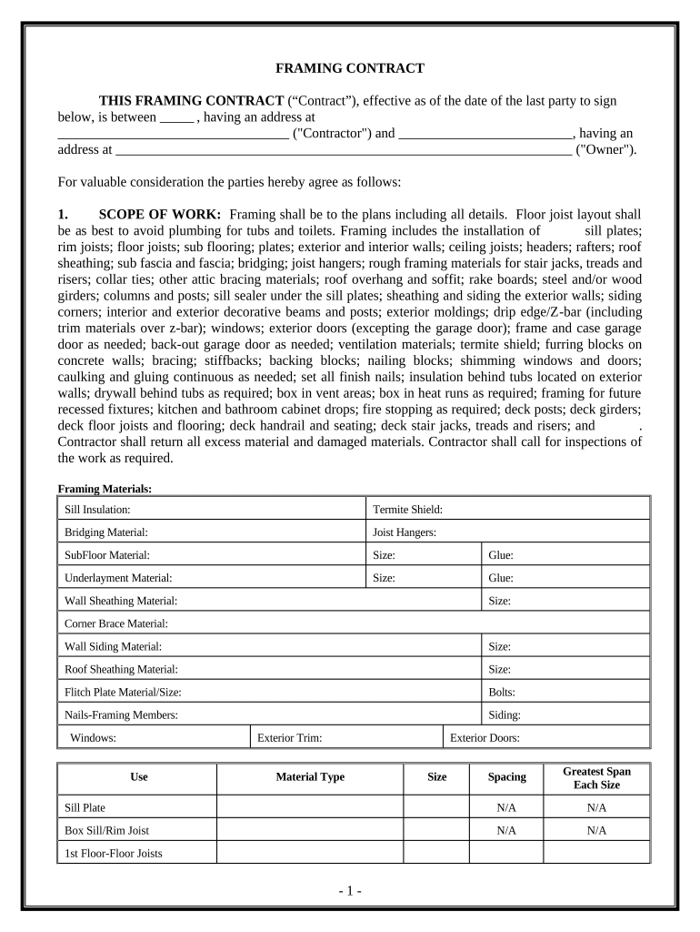 Framing Contract for Contractor - South Dakota Preview on Page 1