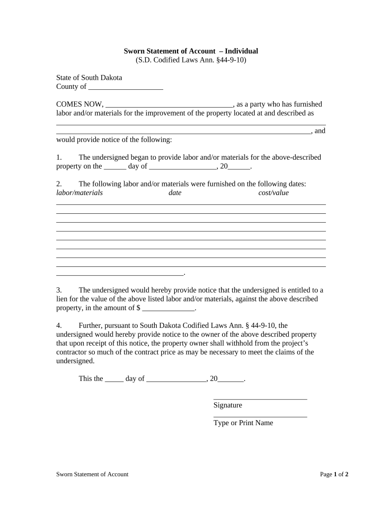 Statement of Account - Individual - South Dakota Preview on Page 1