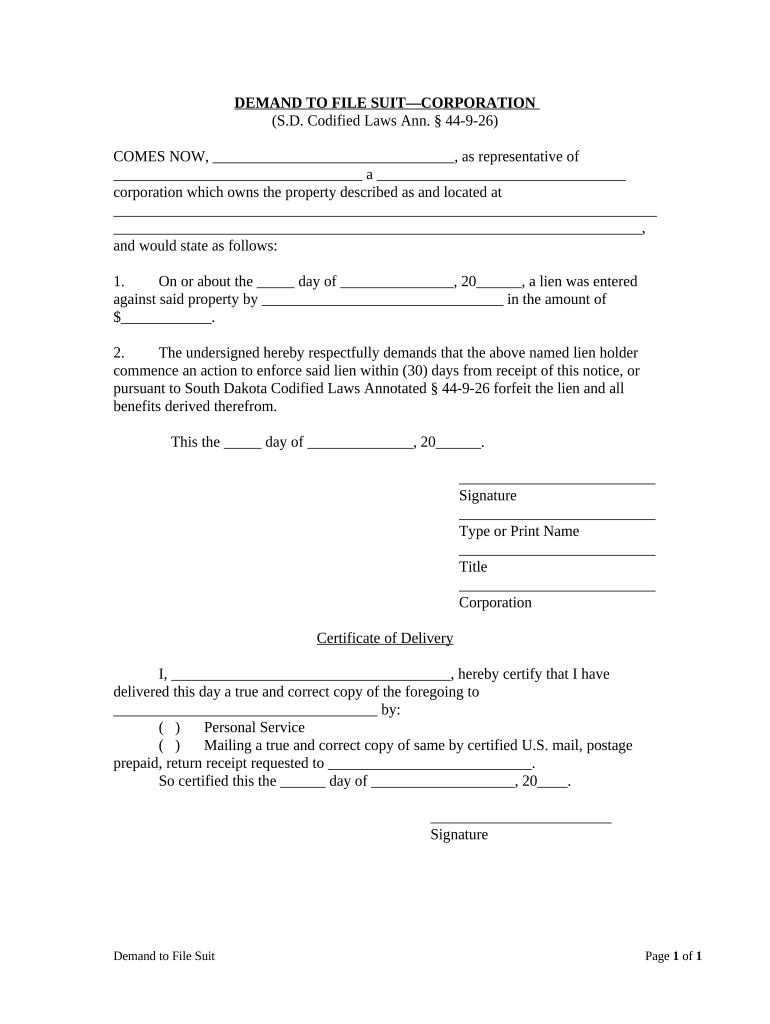 Demand to Commence Suit by Corporation or LLC - South Dakota Preview on Page 1