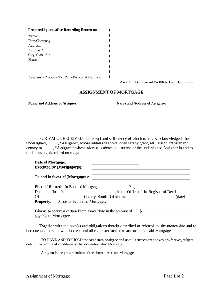 Assignment of Mortgage by Corporate Mortgage Holder - South Dakota Preview on Page 1