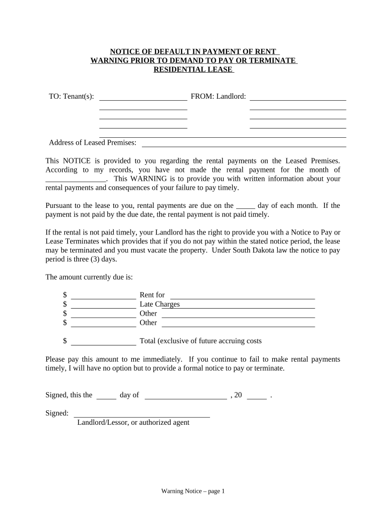Notice of Default in Payment of Rent as Warning Prior to Demand to Pay or Terminate for Residential Property - South Dakota Preview on Page 1