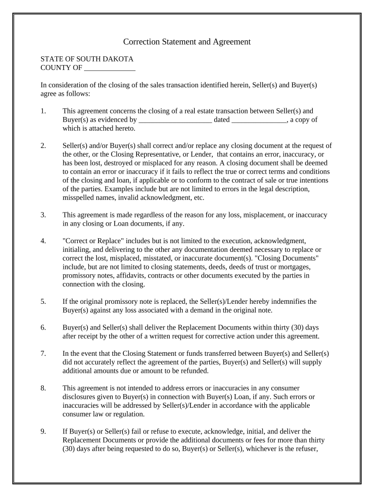 Correction Statement and Agreement - South Dakota Preview on Page 1