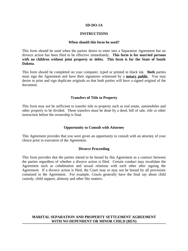 Marital Domestic Separation and Property Settlement Agreement for persons with no Children, no Joint Property, or Debts Effective Immediately - South Dakota Preview on Page 1