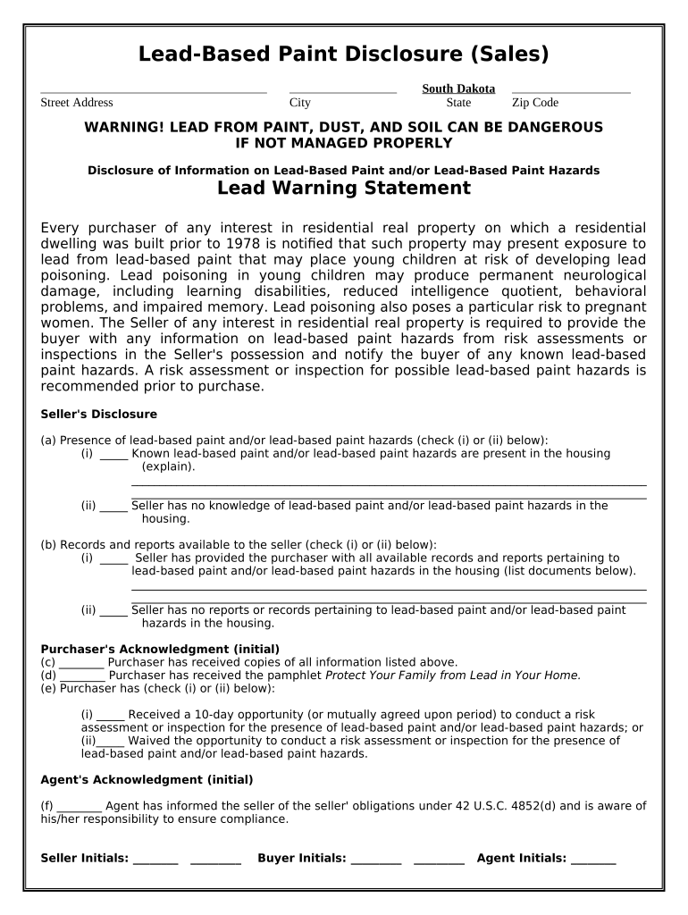 Lead Based Paint Disclosure for Sales Transaction - South Dakota Preview on Page 1