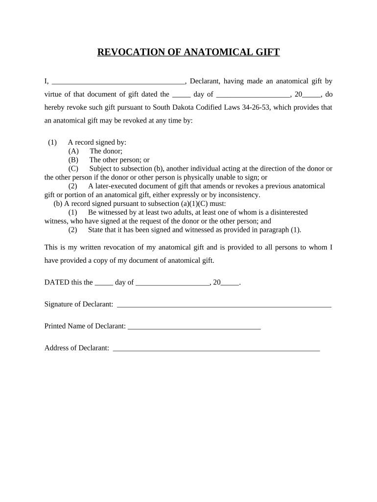 Revocation of Anatomical Gift Donation - South Dakota Preview on Page 1