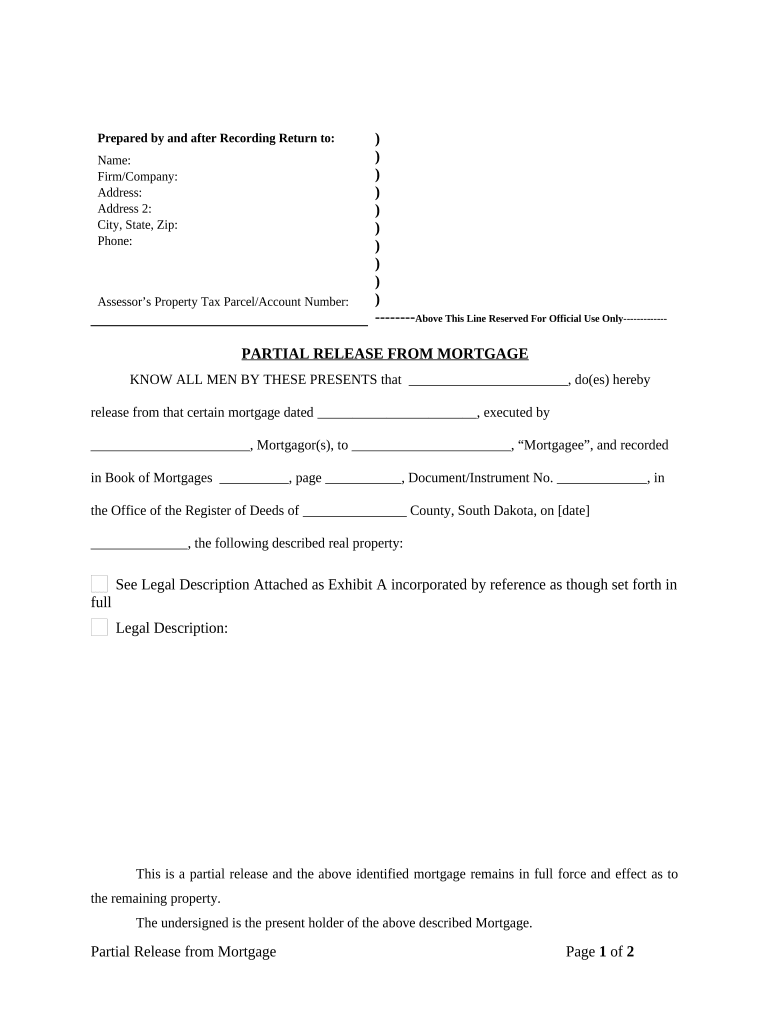 Partial Release of Property From Mortgage by Individual Holder - South Dakota Preview on Page 1