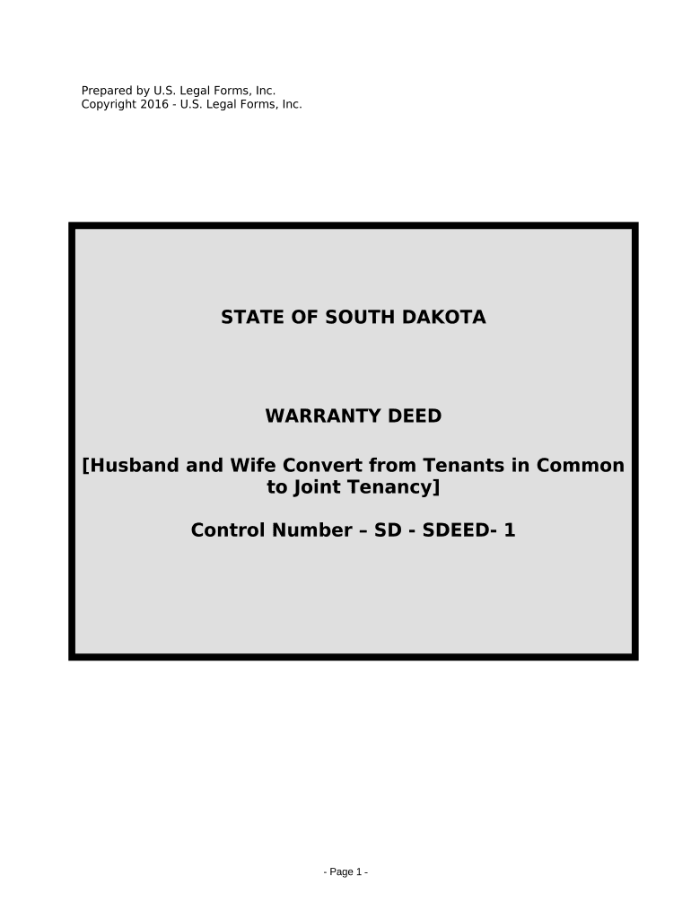 Warranty Deed for Husband and Wife Converting Property from Tenants in Common to Joint Tenancy - South Dakota Preview on Page 1