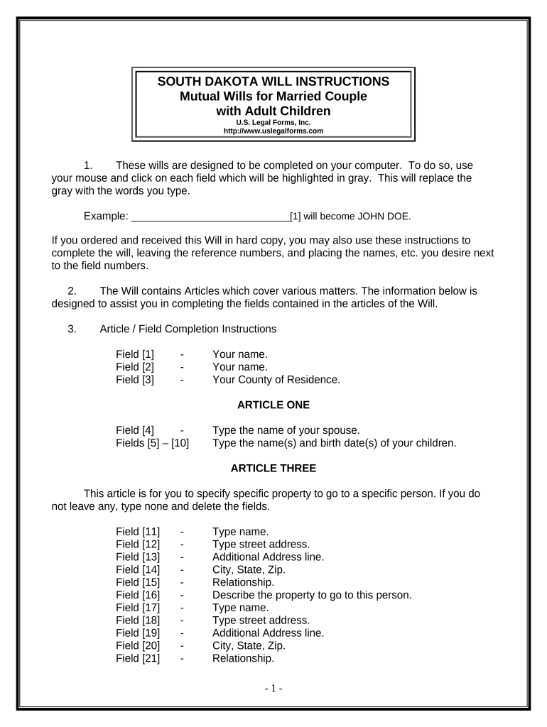 Mutual Wills Package with Last Wills and Testaments for Married Couple with Adult Children - South Dakota Preview on Page 1