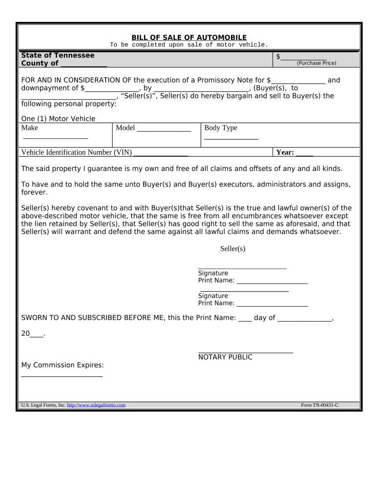 tennessee motor vehicle bill of sale form Preview on Page 1.