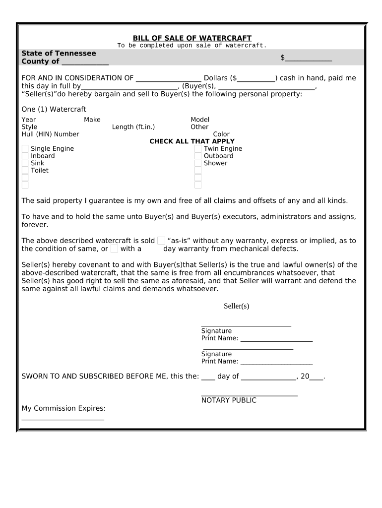 Bill Of Sale For Watercraft Or Boat Tennessee Doc Template Pdffiller