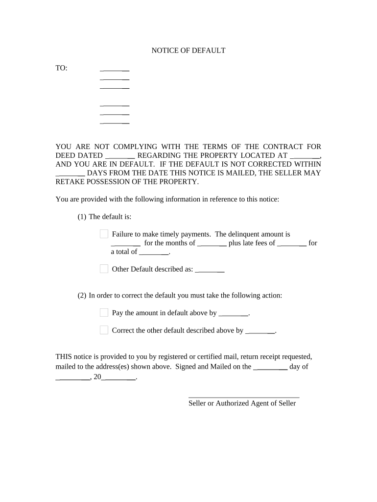 General Notice of Default for Contract for Deed - Tennessee Preview on Page 1.