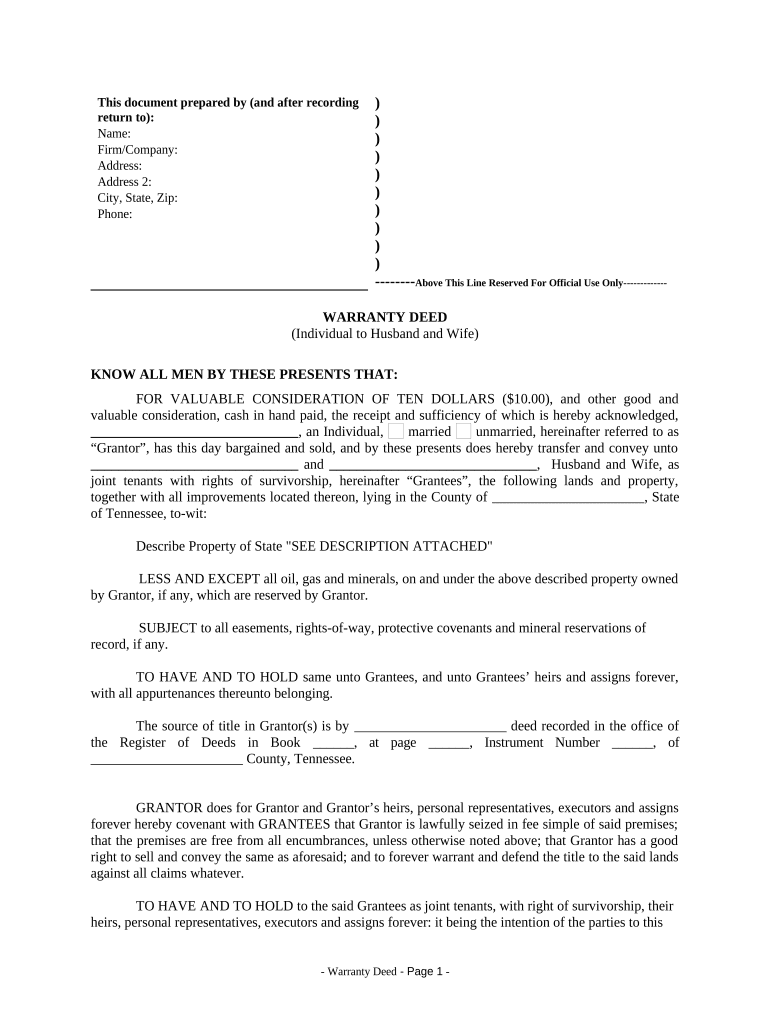 Warranty Deed from Individual to Husband and Wife - Tennessee Preview on Page 1