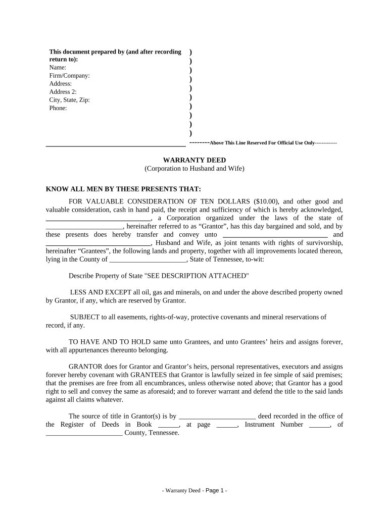 Warranty Deed from Corporation to Husband and Wife - Tennessee Preview on Page 1.