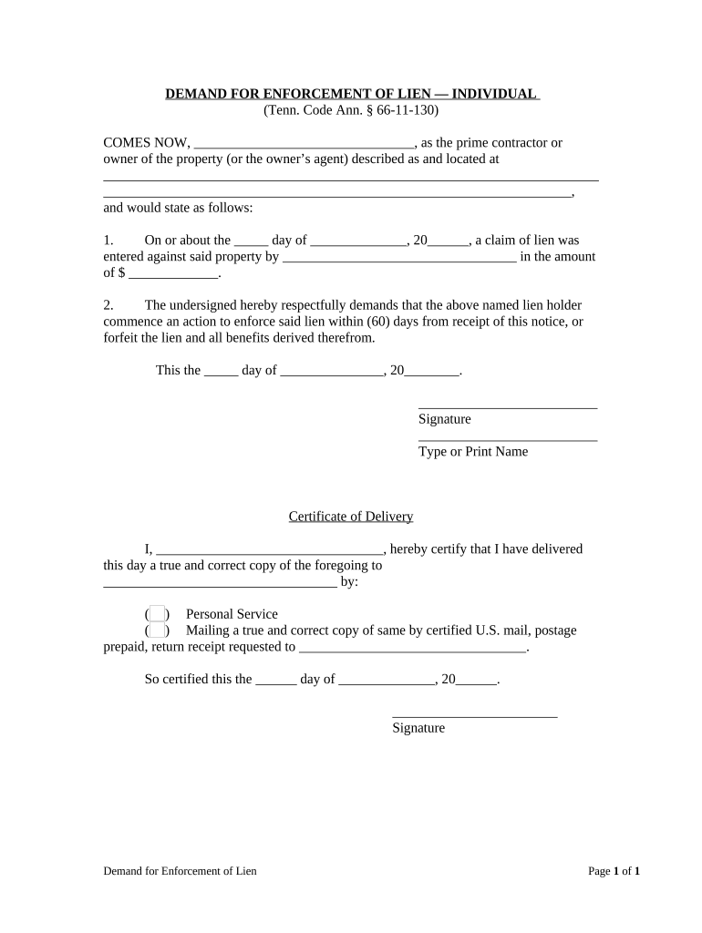 Demand for Enforcement of Lien by Individual - Tennessee Preview on Page 1.