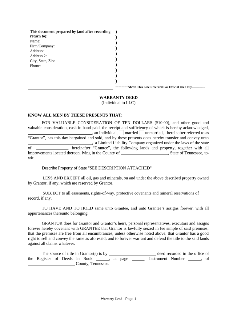 Warranty Deed from Individual to LLC - Tennessee Preview on Page 1