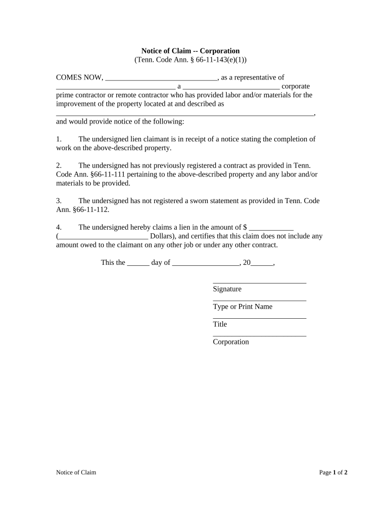 Notice of Claim by Corporation - Tennessee Preview on Page 1