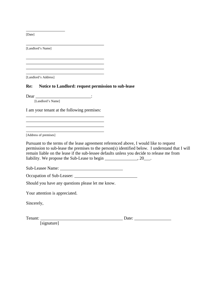 Letter from Tenant to Landlord containing Request for permission to sublease - Tennessee Preview on Page 1