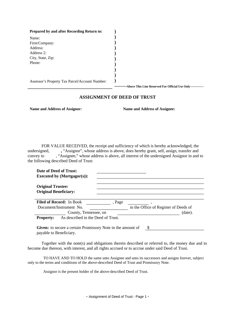 Assignment of Deed of Trust by Individual Mortgage Holder - Tennessee Preview on Page 1