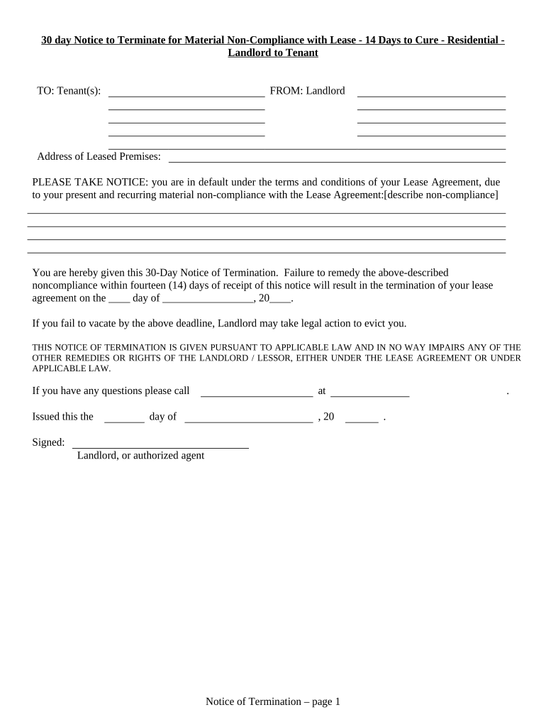 30 day Notice to Terminate for Material Noncompliance with Lease - 14 Days to Cure for Residential from Landlord to Tenant - Tennessee Preview on Page 1