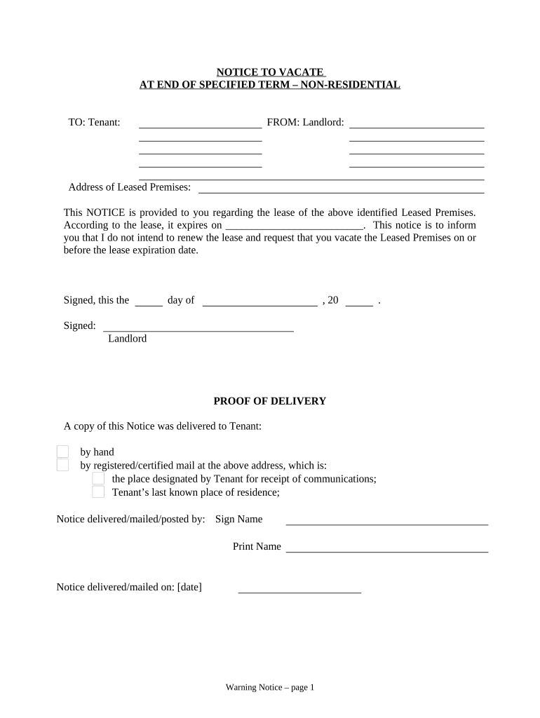 Notice of Intent Not to Renew at End of Specified Term from Landlord to Tenant for Nonresidential or Commercial Property - Tennessee Preview on Page 1