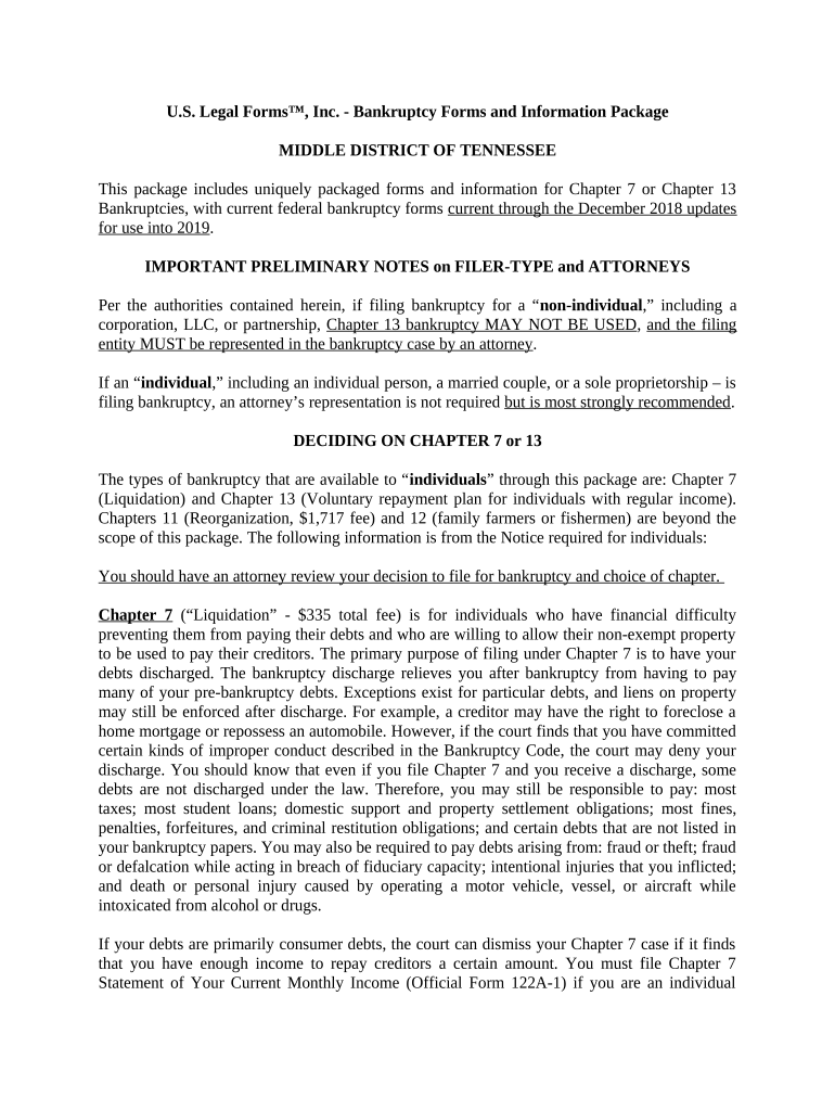 Tennessee Middle District Bankruptcy Guide and Forms Package for Chapters 7 or 13 - Tennessee Preview on Page 1