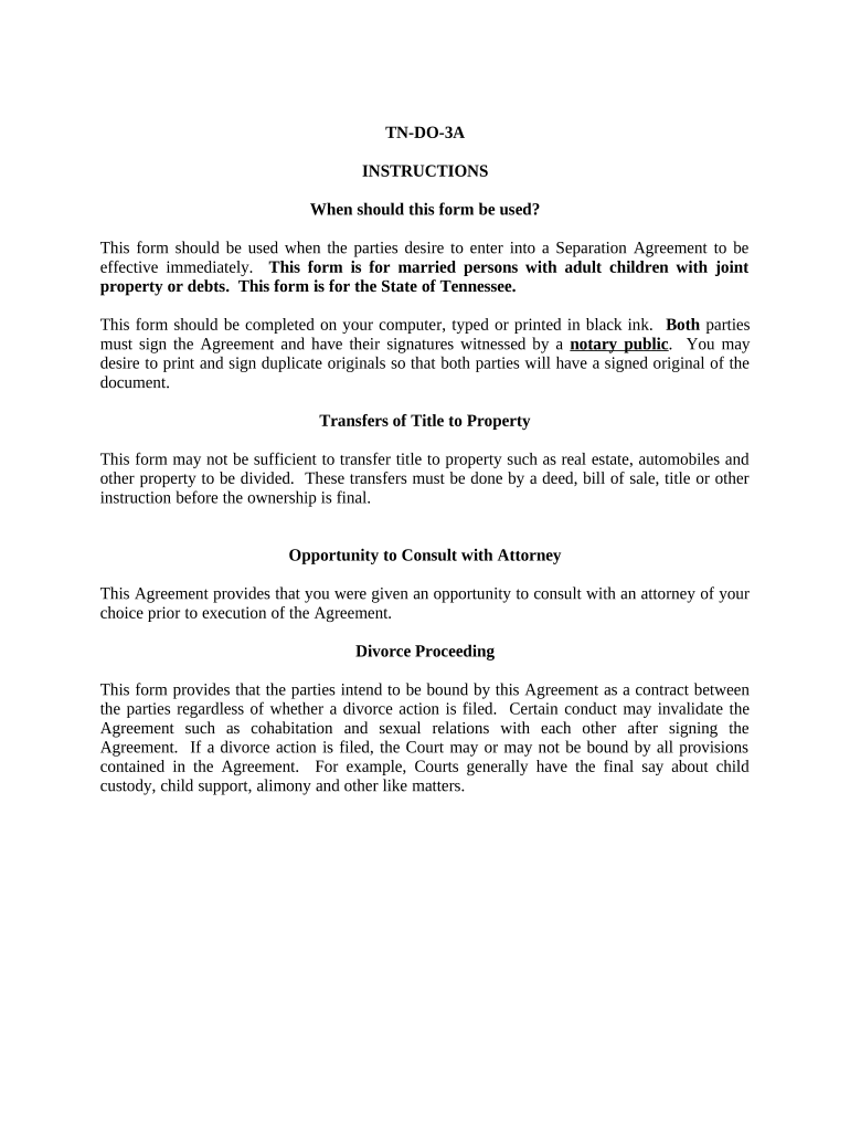 Marital Domestic Separation and Property Settlement Agreement Adult Children Parties May have Joint Property or Debts effective Immediately - Tennessee Preview on Page 1