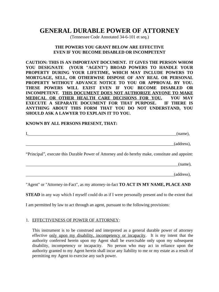 General Durable Power of Attorney for Property and Finances or Financial Effective upon Disability - Tennessee Preview on Page 1