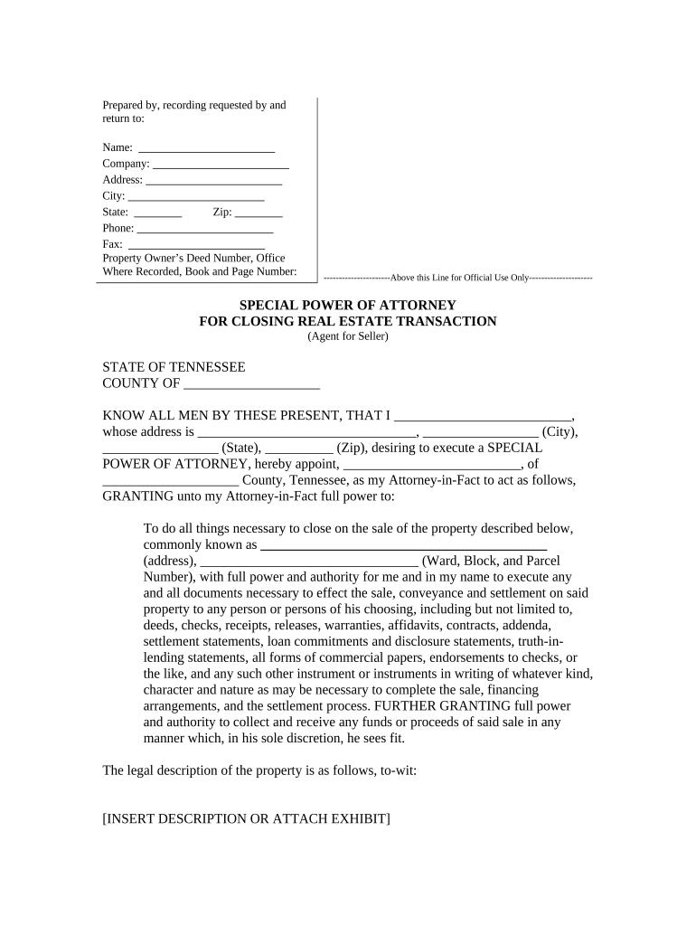 Special or Limited Power of Attorney for Real Estate Sales Transaction By Seller - Tennessee Preview on Page 1