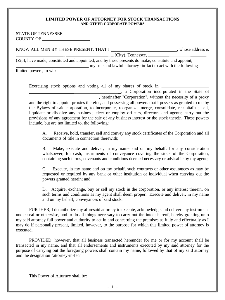 Limited Power of Attorney for Stock Transactions and Corporate Powers - Tennessee Preview on Page 1