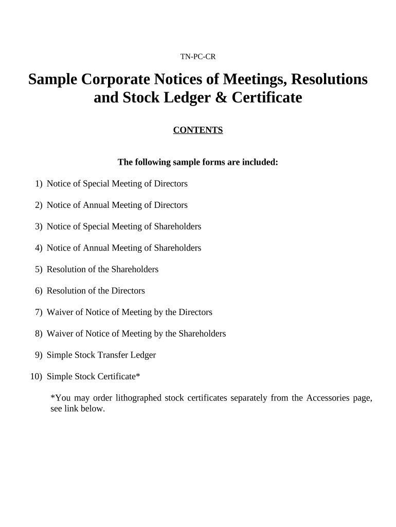 Sample Corporate Records for a Tennessee Professional Corporation - Tennessee Preview on Page 1