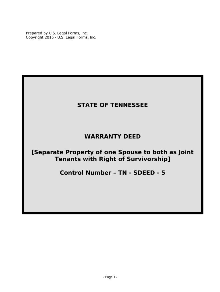 Warranty Deed for Separate Property of One Spouse to Both Spouses as Joint Tenants - Tennessee Preview on Page 1