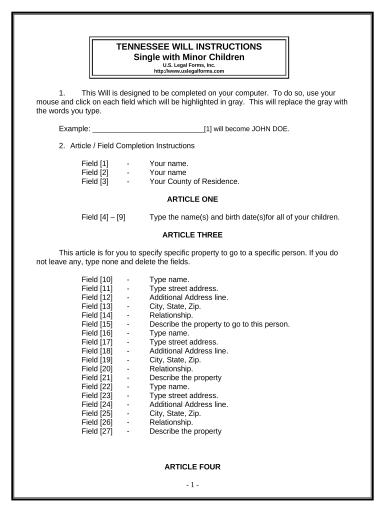 Legal Last Will and Testament Form for a Single Person with Minor Children - Tennessee Preview on Page 1
