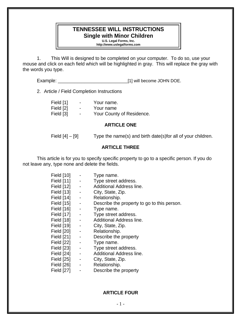 Legal Last Will and Testament Form for a Single Person with Minor Children - Tennessee Preview on Page 1.