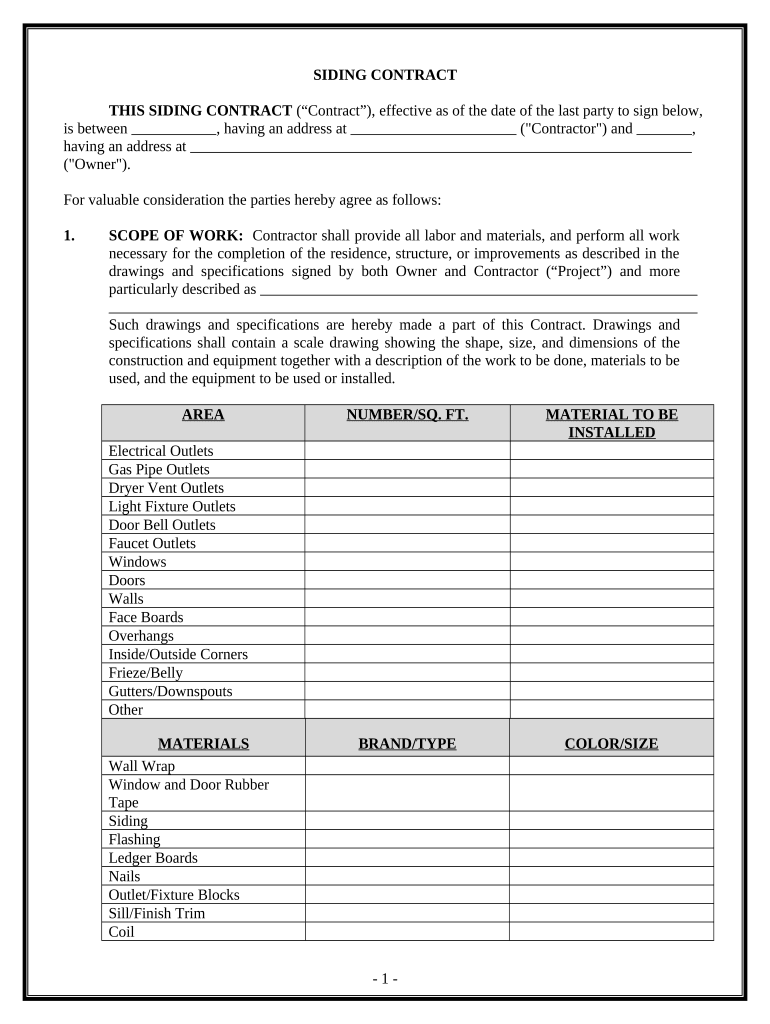 Siding Contract for Contractor - Texas Preview on Page 1