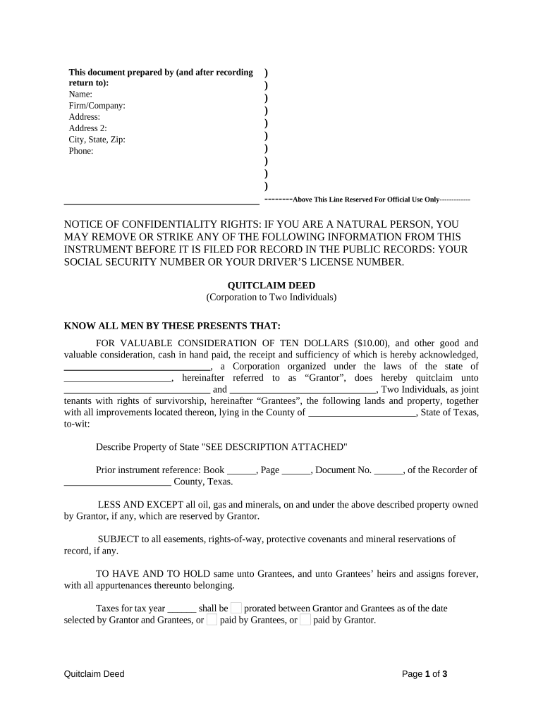 Quitclaim Deed from Corporation to Two Individuals - Texas Preview on Page 1