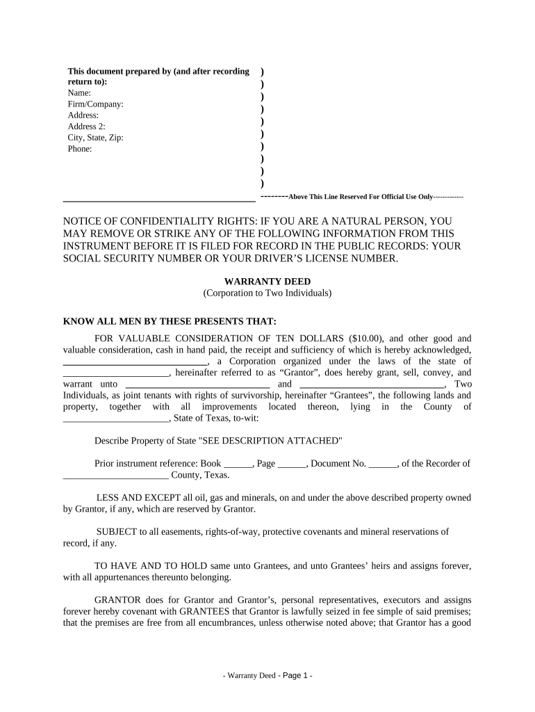 Warranty Deed from Corporation to Two Individuals - Texas Preview on Page 1