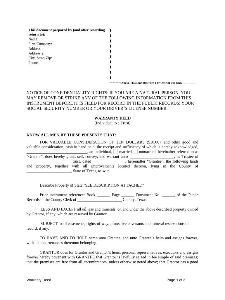 Warranty Deed from Individual to a Trust - Texas Preview on Page 1