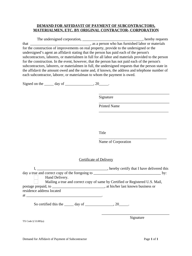 Demand for Affidavit of Payment of Subcontractors, Materialmen, etc by Original Contractor - Corporation or LLC - Texas Preview on Page 1