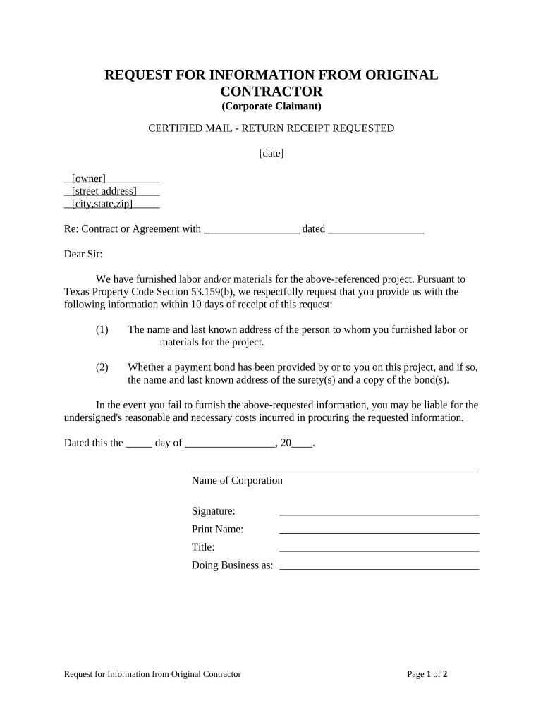 Request for Information From Original Contractor - Corporation or LLC - Texas Preview on Page 1.